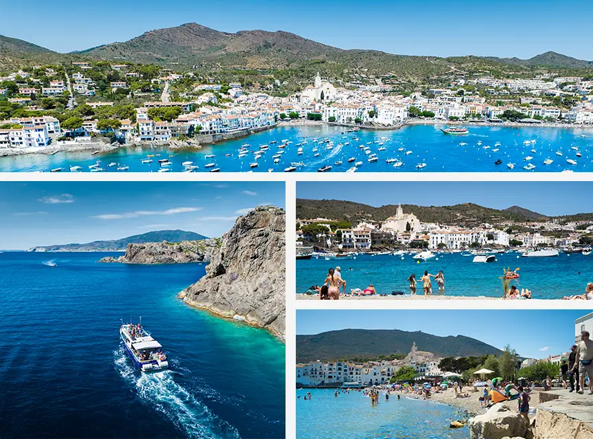 Collage of Cadaqués featuring beach views, swimmers, a cruise boat sailing along the cliffs, and coastal landscapes.