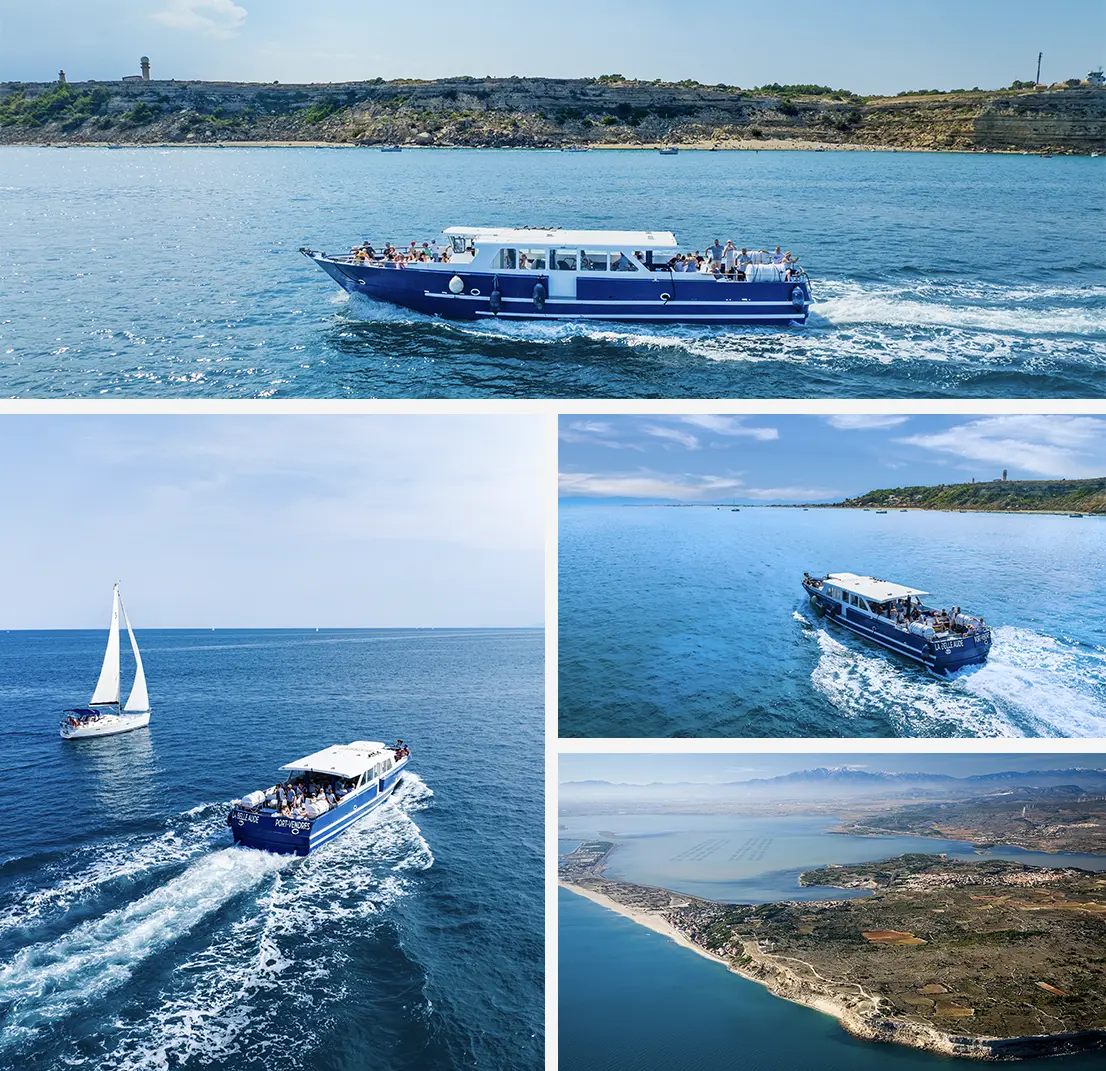 Boat at sea during the cruise to Cap Leucate and the Rocher de la Sorcière, with views of the cliffs and the Mediterranean coastline.