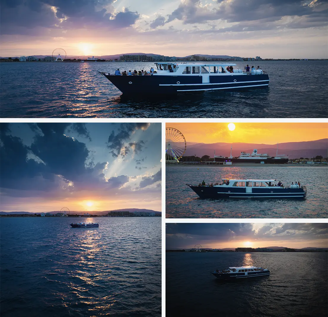 Boat at sunset in Le Barcarès with a view of the Lydia and the Ferris wheel