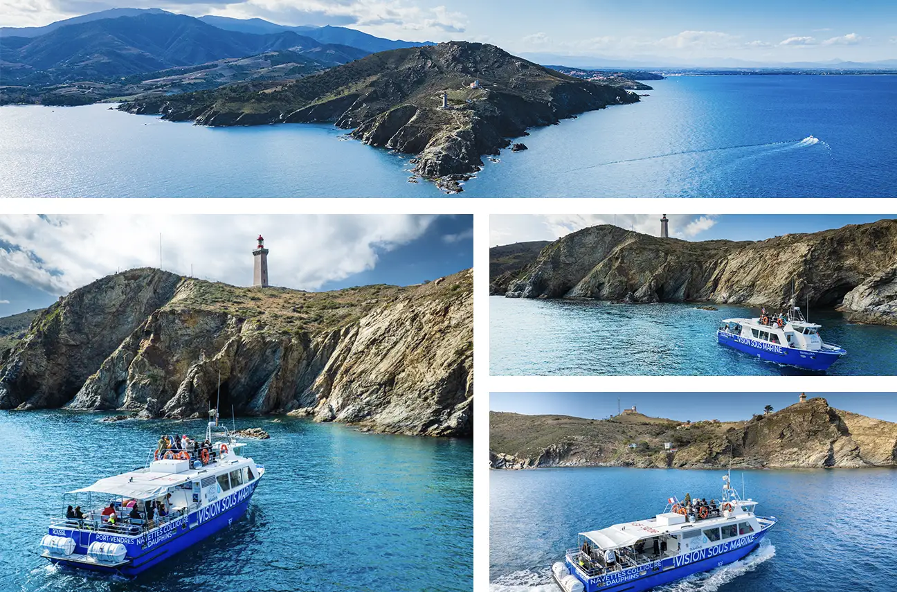Photo collage showing a cruise boat sailing around Cap Béar, with its iconic lighthouse and spectacular cliffs in the background.