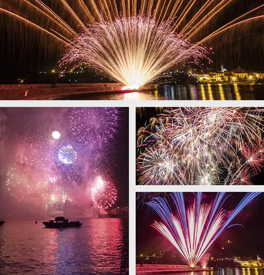 Collage of fireworks lighting up the night sky over the sea, with colourful bursts and sparkling reflections on the water.