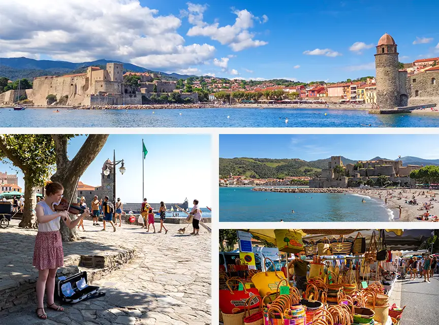 Panoramic view of Collioure, with its colourful buildings, moored boats and mountains in the background.